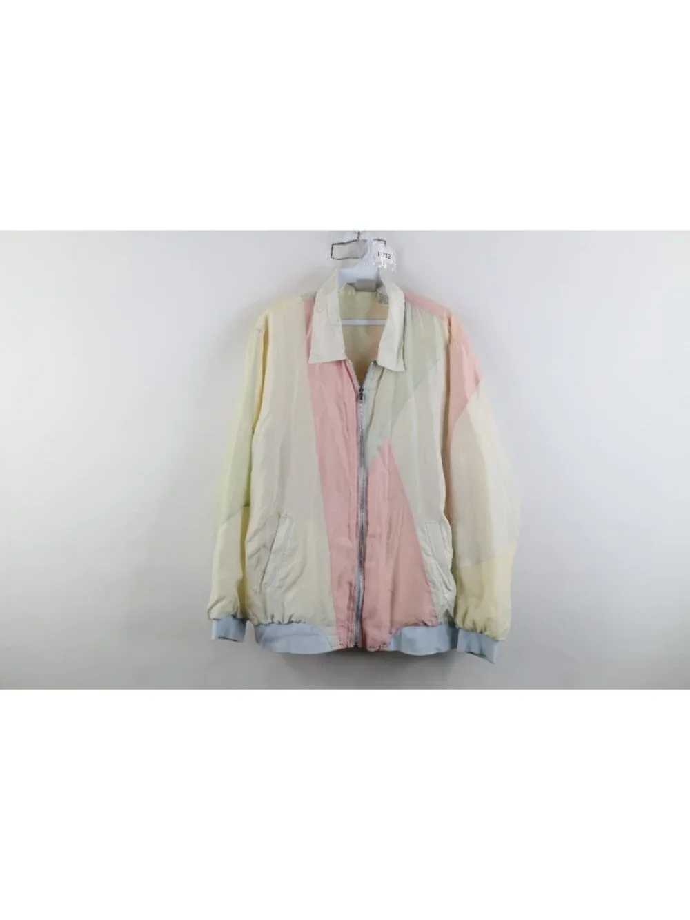 Vintage 90s Streetwear Womens Medium Distressed Pastel Silk Zip Bomber Jacket
